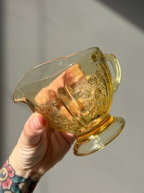 Federal 1930's Sharon Cabbage Rose Amber Footed Creamer Depression Glass